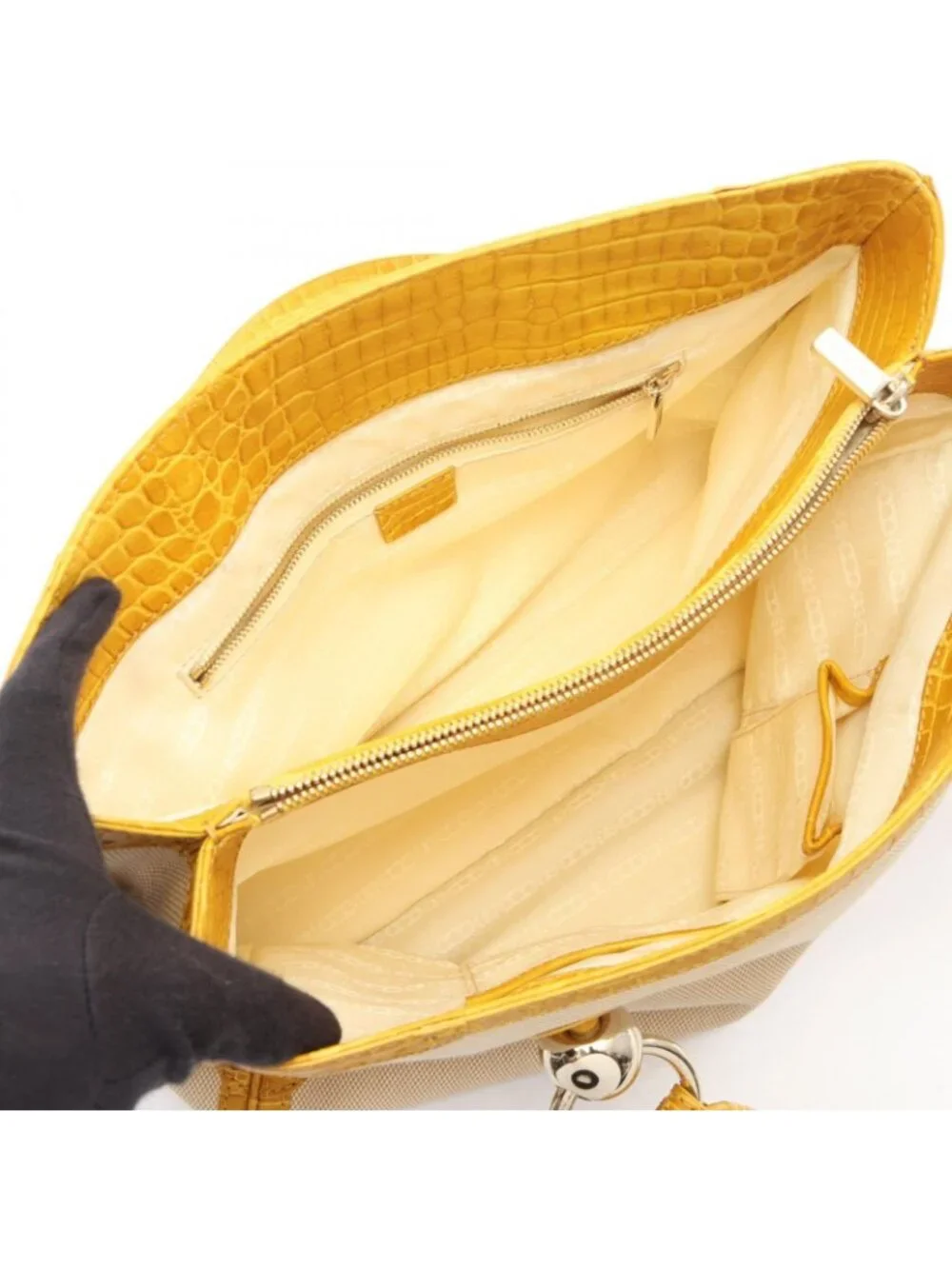 Celine Tote Croco Embossed Natural Yellow Canvas Leather